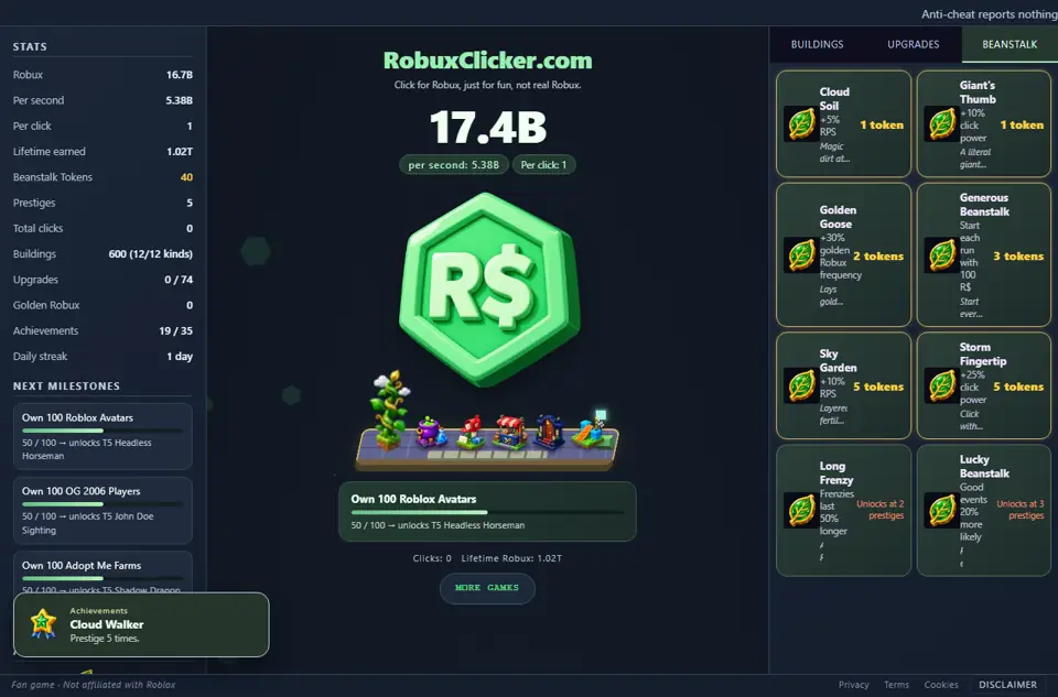 Prestige setzt deine aktuelle Währung, Gebäude und einmaligen Upgrades zurück und gibt dir dauerhafte Bohnenranken-Token. Prüfe vor dem Zurücksetzen den Gewinn im Bestätigungsdialog.